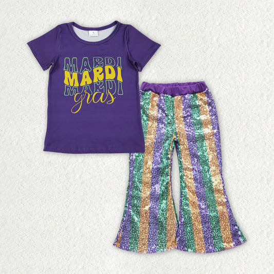 Mardi Gras t-shirt matching sequins bell bottoms 2pcs clothing set