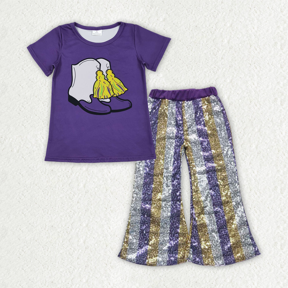 Mardi Gras t-shirt matching sequins bell bottoms 2pcs clothing set