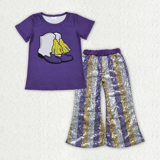 Mardi Gras t-shirt matching sequins bell bottoms 2pcs clothing set