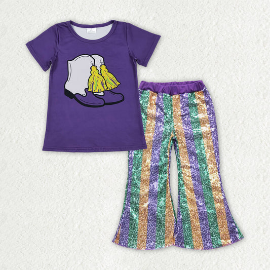 Mardi Gras t-shirt matching sequins bell bottoms 2pcs clothing set