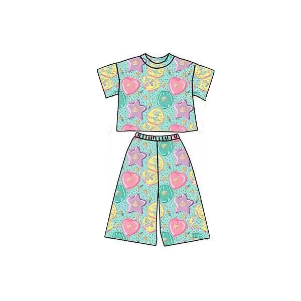 Colorful heart short sleeve top matching pants baby girl outfit preorder