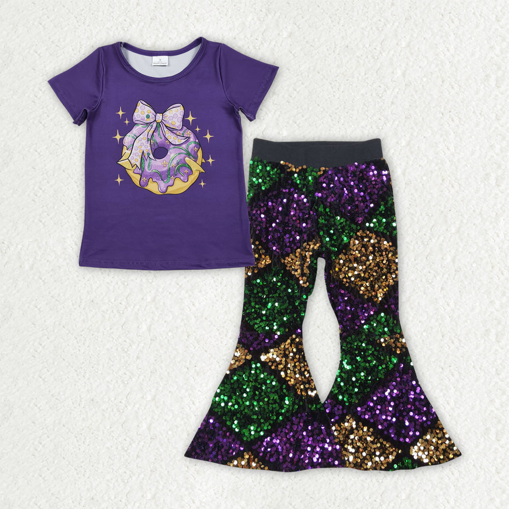 Mardi Gras t-shirt matching sequins bell bottoms 2pcs clothing set