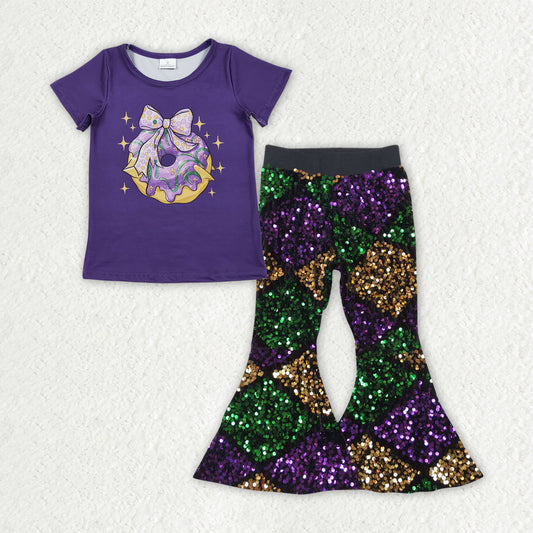 Mardi Gras t-shirt matching sequins bell bottoms 2pcs clothing set