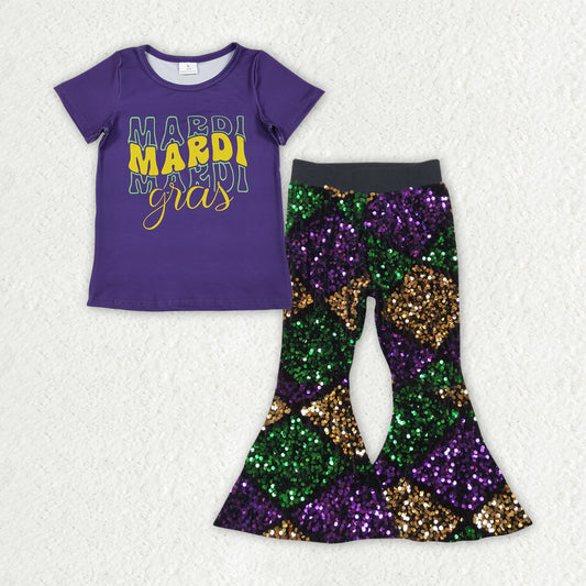 Mardi Gras t-shirt matching sequins bell bottoms 2pcs clothing set