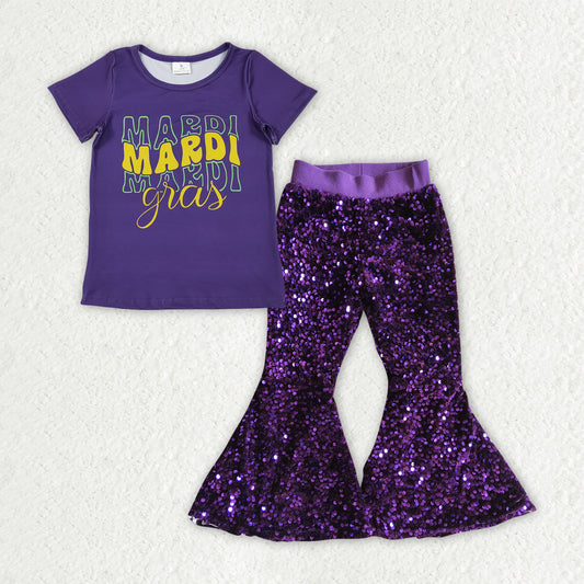 Mardi Gras t-shirt matching sequins bell bottoms 2pcs clothing set