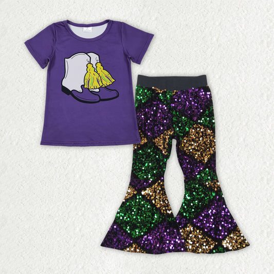 Mardi Gras t-shirt matching sequins bell bottoms 2pcs clothing set