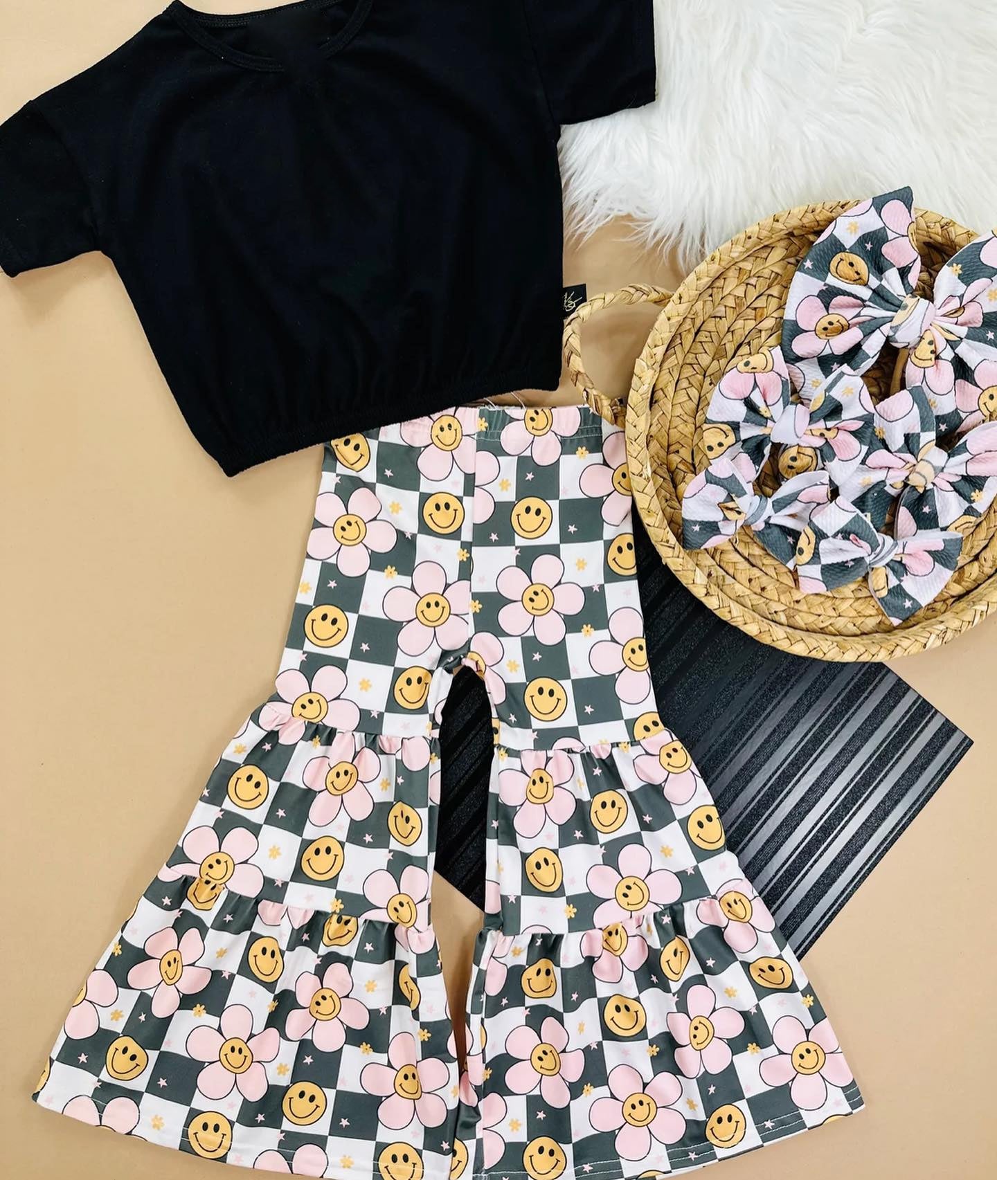 Black cotton top matching flowers pants kids girls holiday clothes preorder