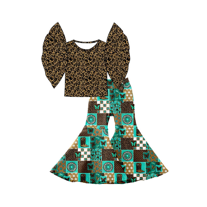 Leopard top western bell bottoms kids girls short sleeve outfit preorder