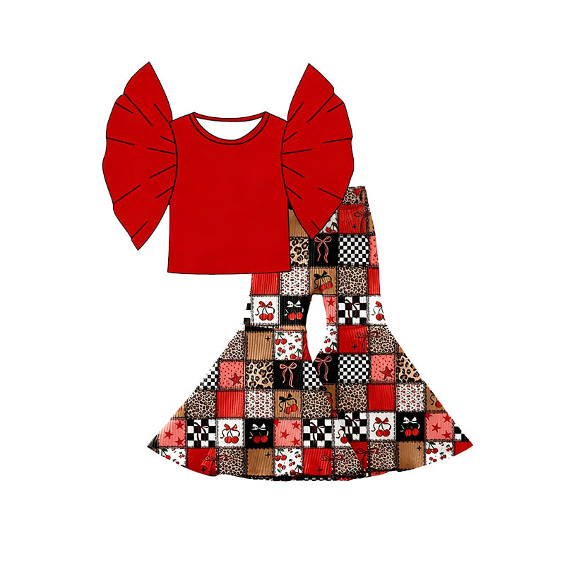 Red color top cherry bell bottoms kids girls short sleeve outfit preorder