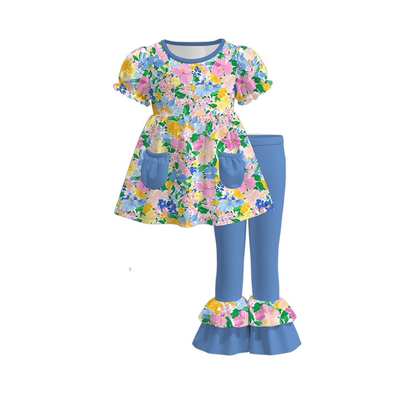 Blue yellow floral short sleeve pocket top matching pants kids outfit preorder