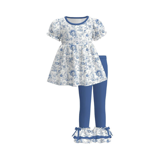 Dark Blue floral design short sleeve pocket top matching pants kids outfit preorder
