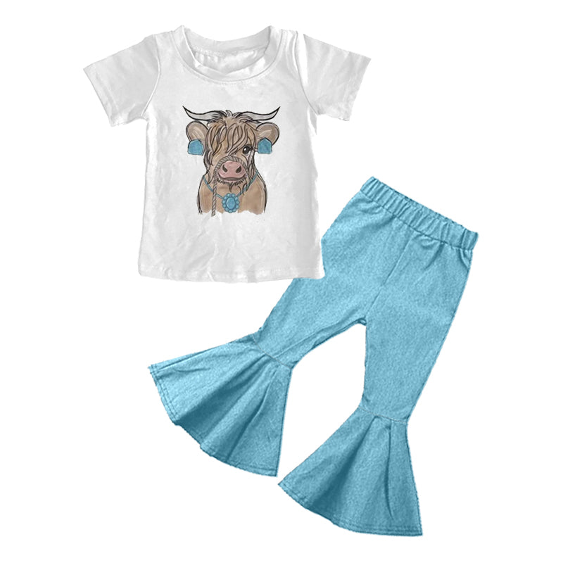Highland cow top matching pants design kids girls short sleeve outfit preorder