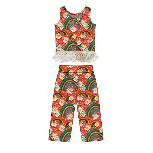 Flowers rainbow top matching pants girls summer outfit preorder