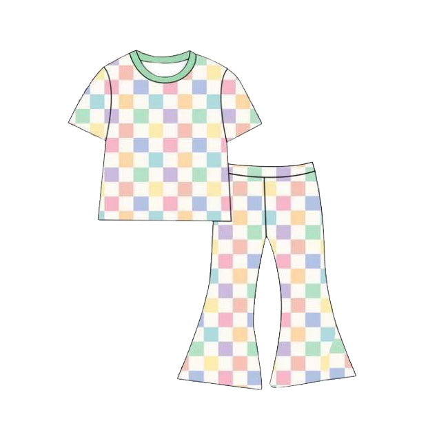 Colorful plaid short sleeve top matching pants girls pants outfit preorder