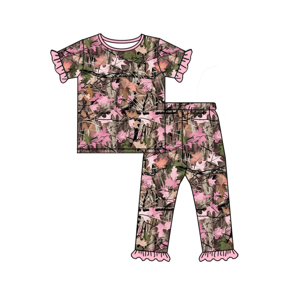 Pink leaves short sleeve top matching pants girls summer outfit preorder