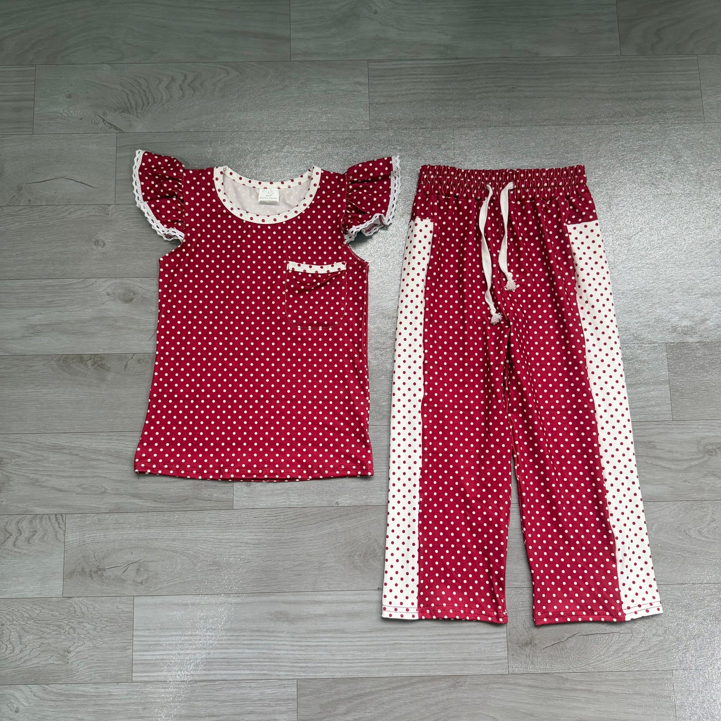 Red print short sleeve top matching pants girl outfit preorder
