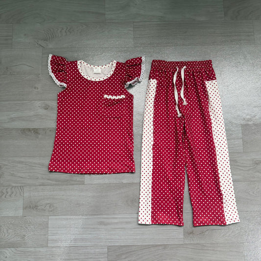 Red print short sleeve top matching pants girl outfit preorder