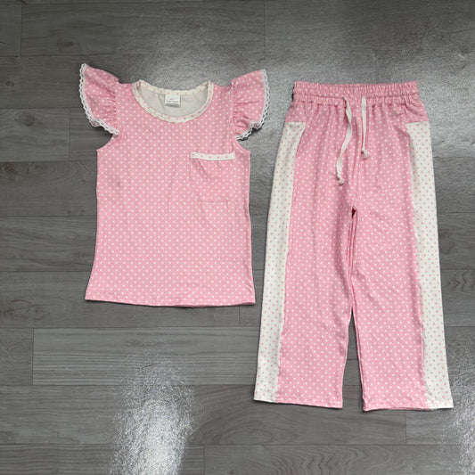 Pink print short sleeve top matching pants girl outfit preorder