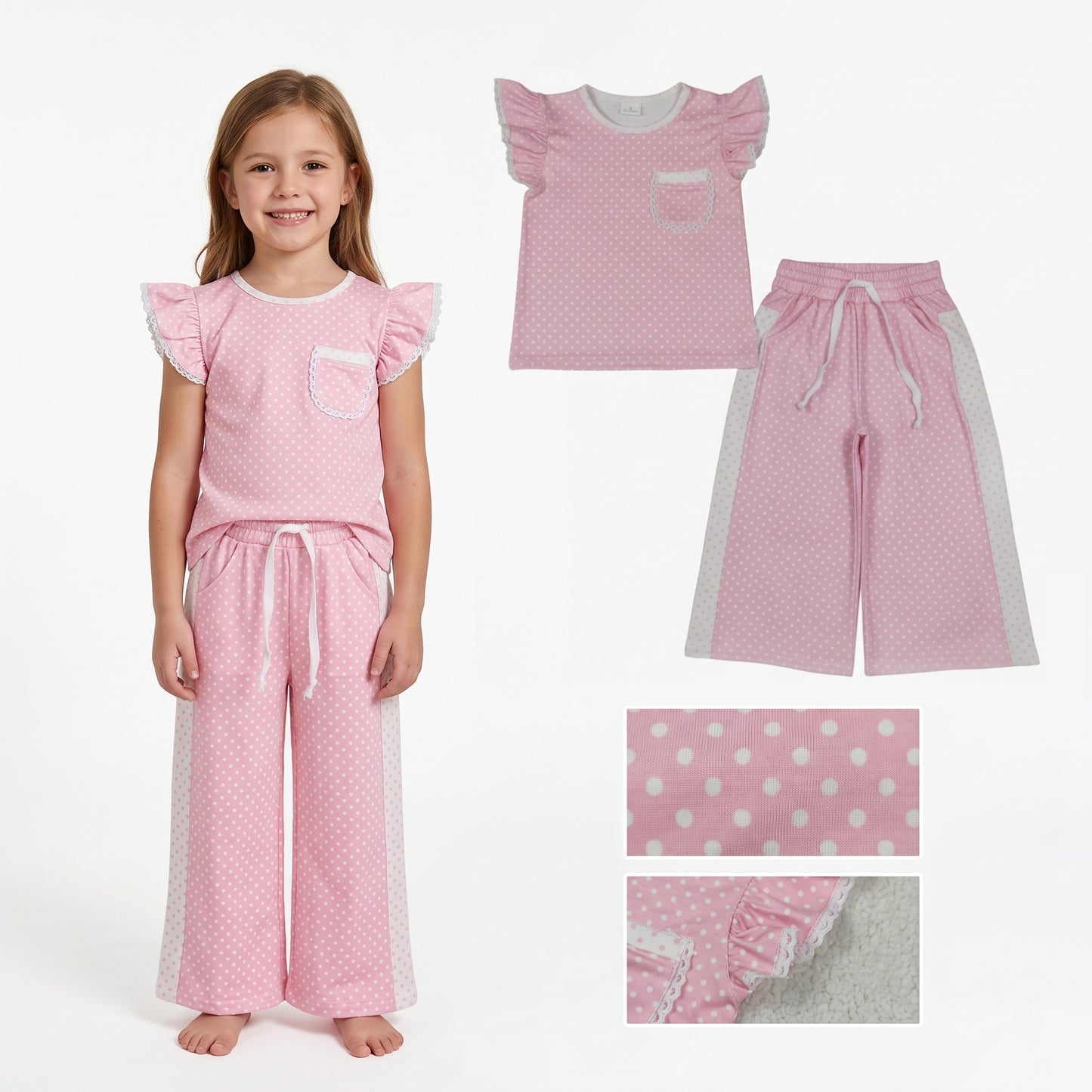 Pink print short sleeve top matching pants girl outfit