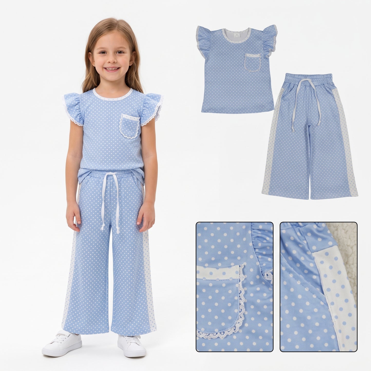 Blue print short sleeve top matching pants girl outfit