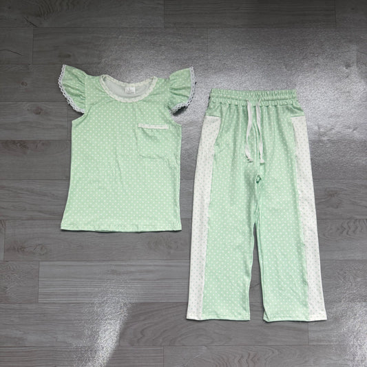 Lime green print short sleeve top matching pants girl outfit preorder