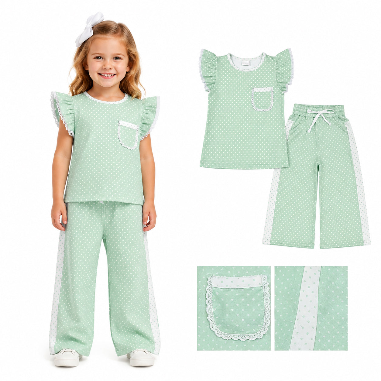 Lime green print short sleeve top matching pants girl outfit