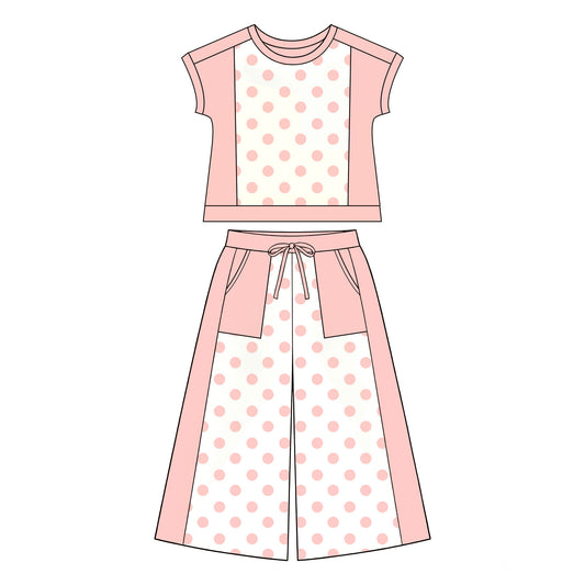 Pink polka dots yoga top matching pants girls spring fall outfit preorder