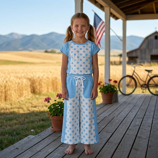 Blue polka dots yoga top matching pants girls spring fall outfit