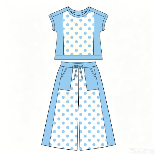 Blue polka dots yoga top matching pants girls spring fall outfit preorder