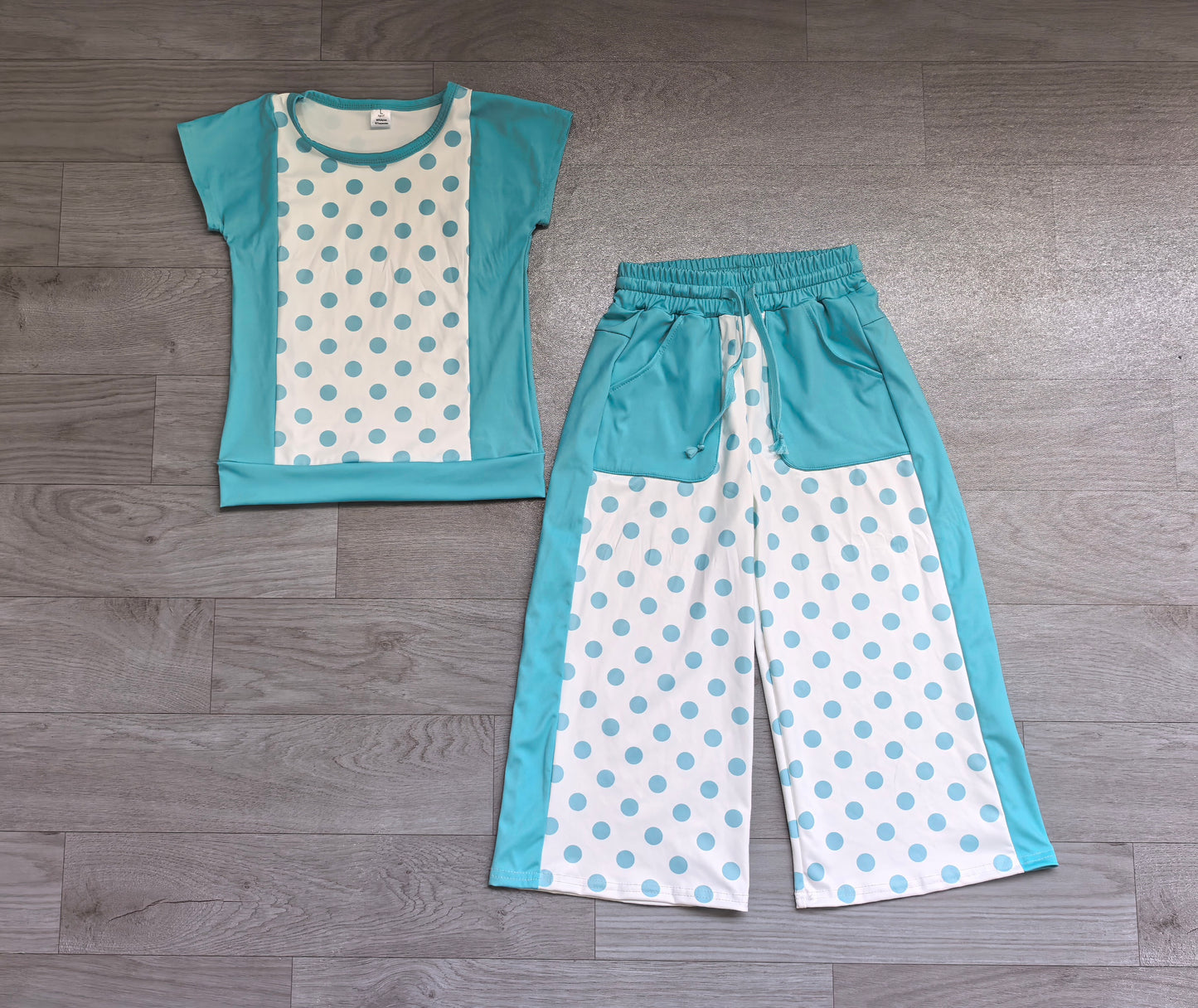 Blue polka dots yoga top matching pants girls spring fall outfit preorder