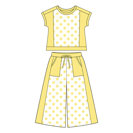 Yellow polka dots yoga top matching pants girls spring fall outfit preorder
