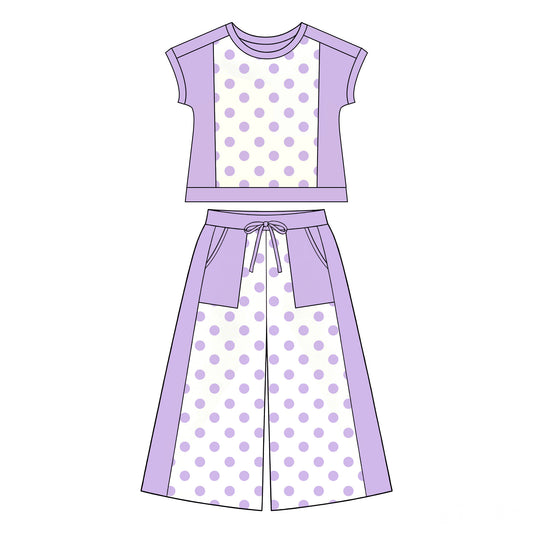 Lavender polka dots yoga top matching pants girls spring fall outfit preorder