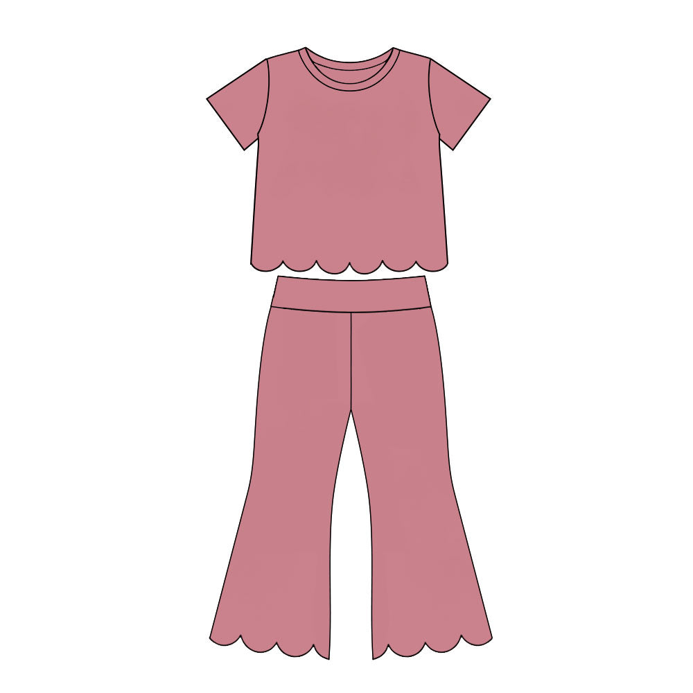 Girl dusty pink short sleeve scallop top matching pants wholesale outfit preorder