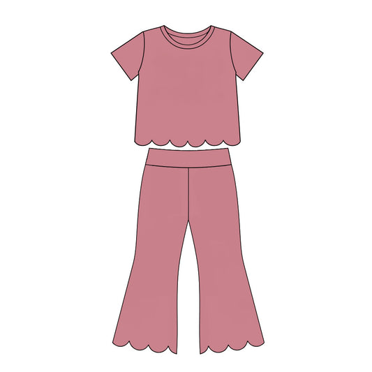 Girl dusty pink short sleeve scallop top matching pants wholesale outfit preorder