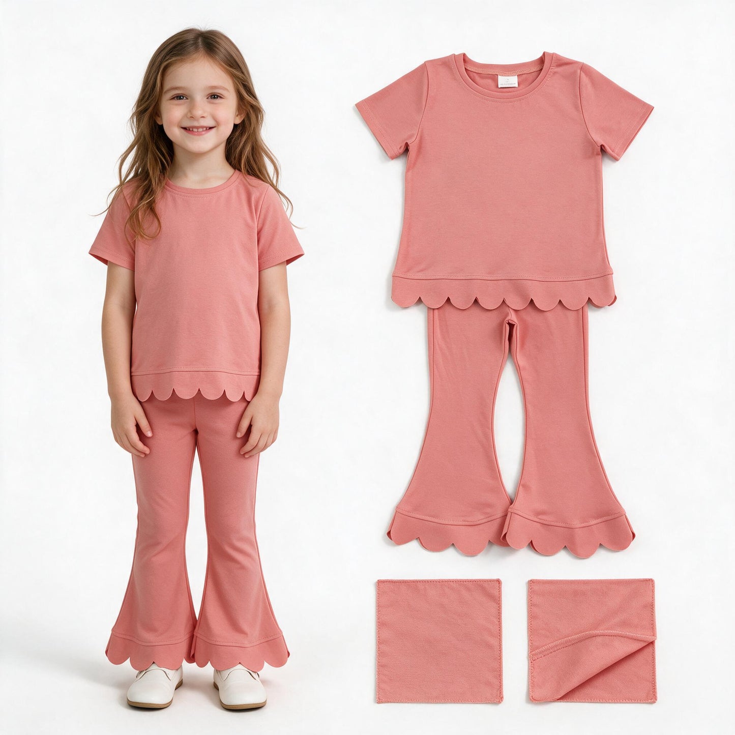 Girl dusty pink short sleeve scallop top matching pants wholesale outfit