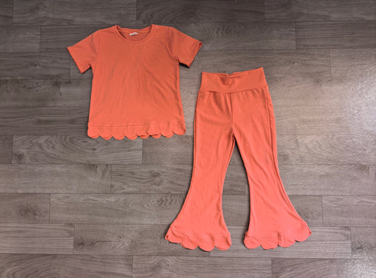 Girl dusty pink short sleeve scallop top matching pants wholesale outfit preorder