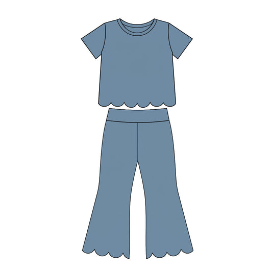 Girl dusty blue short sleeve scallop top matching pants wholesale outfit preorder