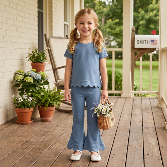Girl dusty blue short sleeve scallop top matching pants wholesale outfit