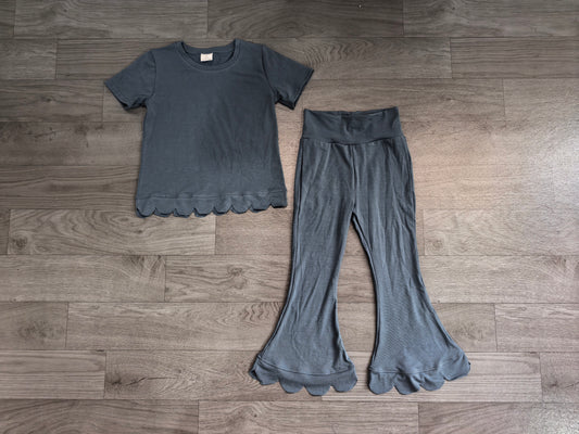 Girl dusty blue short sleeve scallop top matching pants wholesale outfit preorder