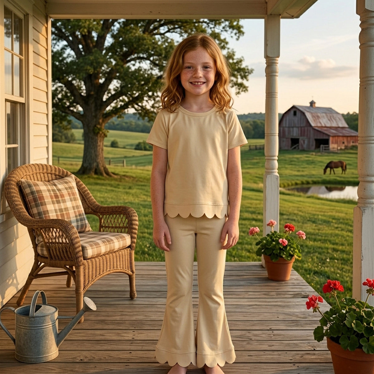 Girl cream color short sleeve scallop top matching pants wholesale outfit