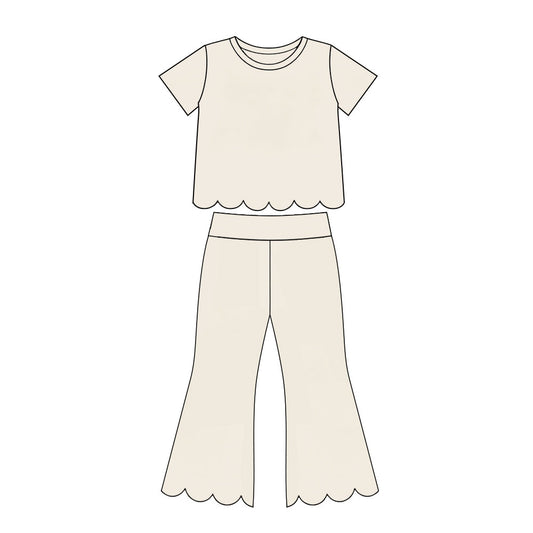 Girl cream color short sleeve scallop top matching pants wholesale outfit preorder