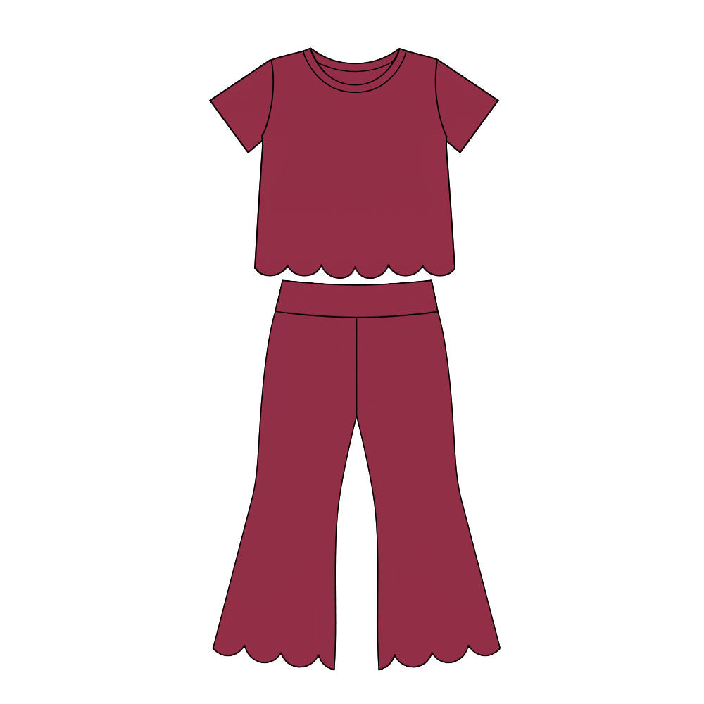 Girl Burgundy color short sleeve scallop top matching pants wholesale outfit preorder
