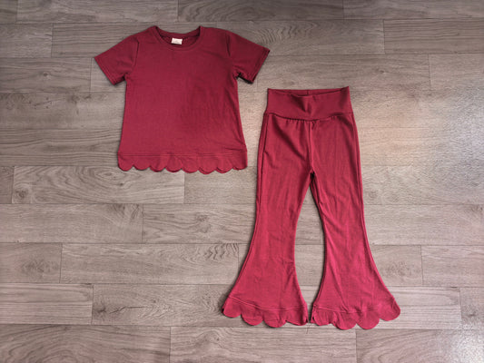 Girl Burgundy color short sleeve scallop top matching pants wholesale outfit preorder