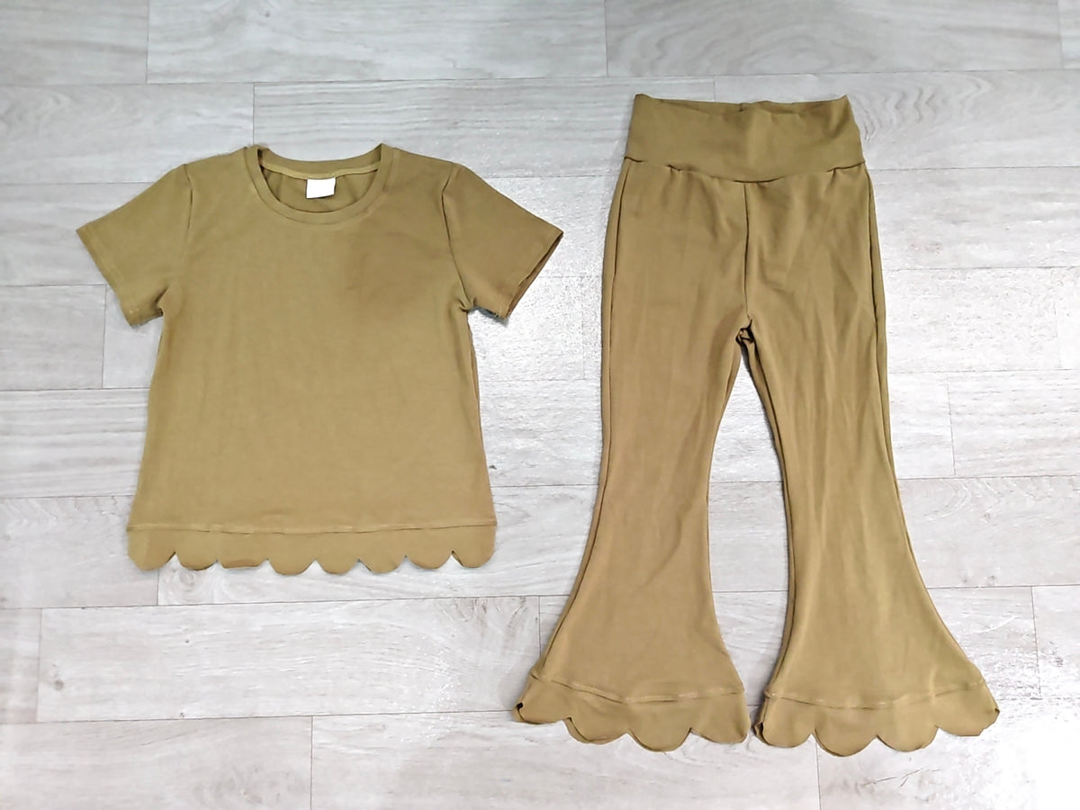 Girl olive green color short sleeve scallop top matching pants wholesale outfit preorder