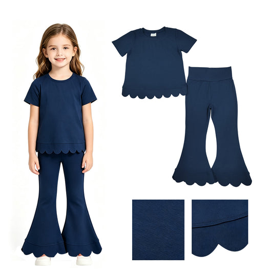 Girl navy color short sleeve scallop top matching pants wholesale outfit preorder