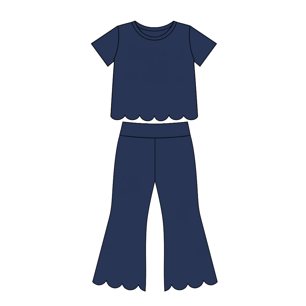 Girl navy color short sleeve scallop top matching pants wholesale outfit preorder