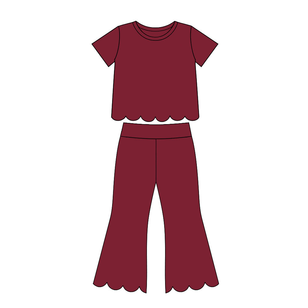 Girl wine red color short sleeve scallop top matching pants wholesale outfit preorder