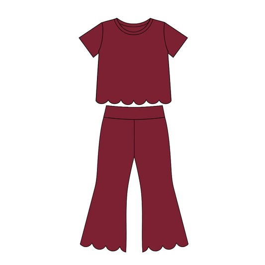 Girl wine red color short sleeve scallop top matching pants wholesale outfit preorder