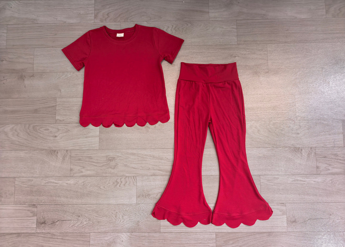 Girl wine red color short sleeve scallop top matching pants wholesale outfit preorder