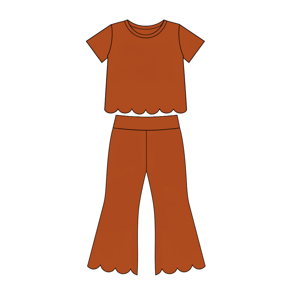Girl orange color short sleeve scallop top matching pants wholesale outfit preorder